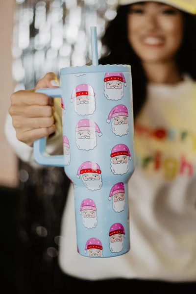 Pink Santa Hats Blue Stainless Steel Tumbler | Katydid.com