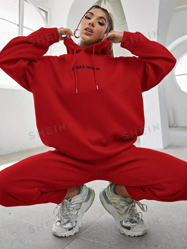 Letter Embroidery Drop Shoulder Drawstring Hoodie & Sweatpants | SHEIN