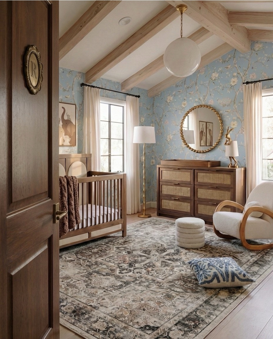 Shop the Look:
• Light blue floral wallpaper
• Natural wood exposed ceiling beams
• Solid wood crib (warm oak tone)
• Neutral crib mattress + fitted sheet
• Knit baby blanket (soft brown)
• Vintage-inspired area rug (muted blue + beige)
• Wood dresser with woven drawer fronts
• Round gold-framed wall mirror
• Brass table lamp with white shade
• White boucle accent chair
• Round upholstered pouf (cream)
• Wooden toy shelving unit
• Front-facing wooden book rack
• Children’s board books (colorful covers)
• Plush teddy bear
• Soft cloud wall decor
• Star-shaped wall pillows (neutral tones)
• Crescent moon wall decor
• Beaded rainbow toy
• Sheer white curtain panels

#LTKFindsUnder100 #LTKHome #LTKSaleAlert
