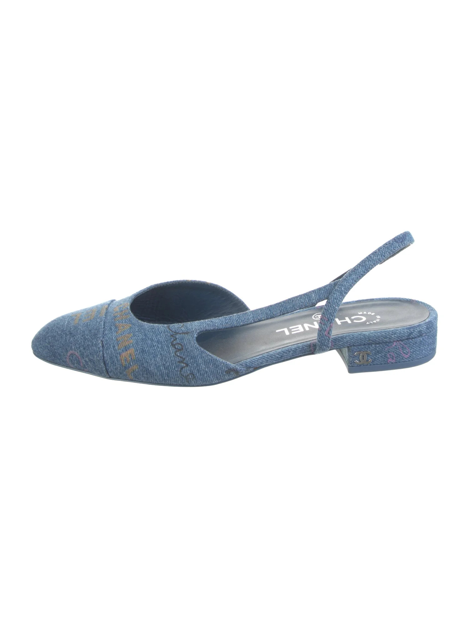 Interlocking CC Logo Denim Slingback Flats | The RealReal