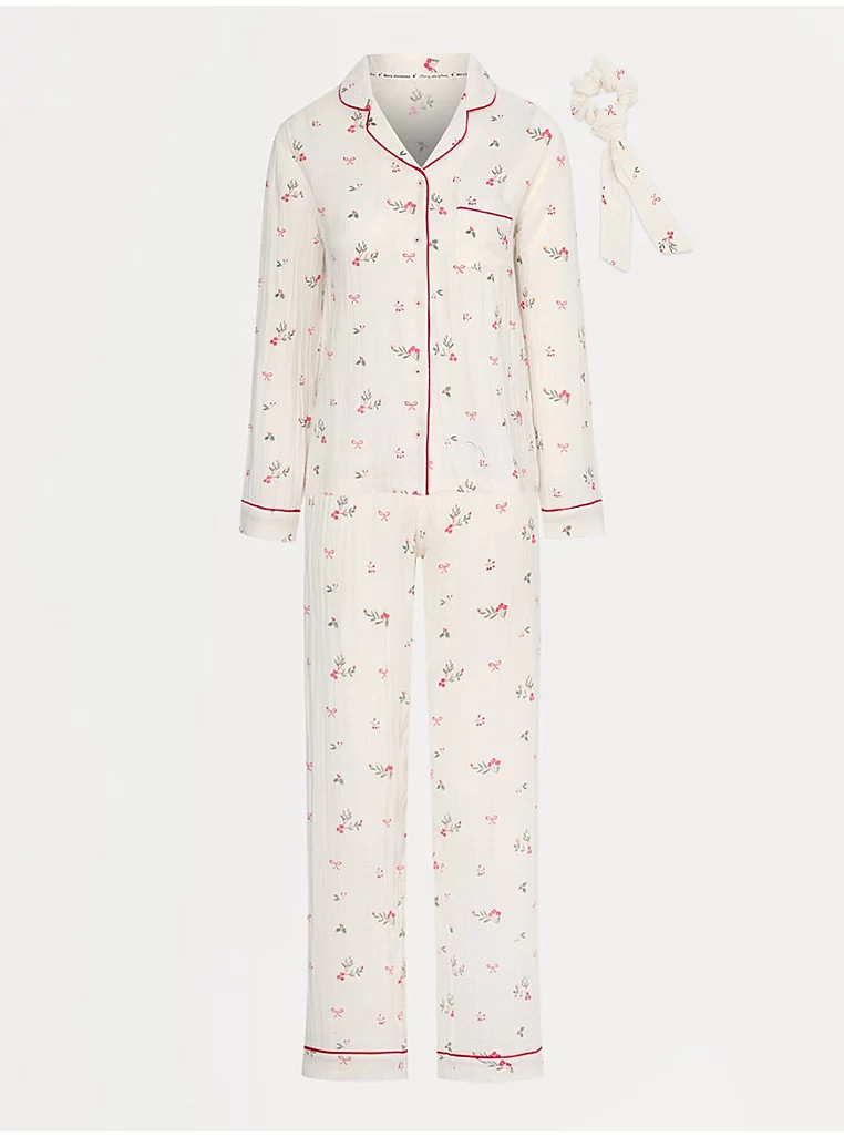 Christmas Cream Holly Matching Womens Pyjamas with Scrunchie | George at ASDA