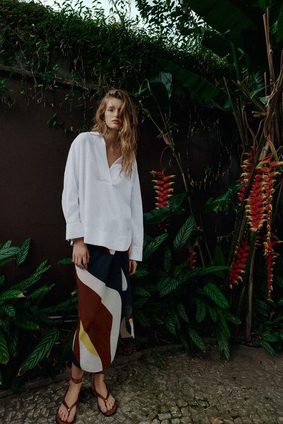 LINEN BLEND POLO COLLAR BLOUSE | Zara US