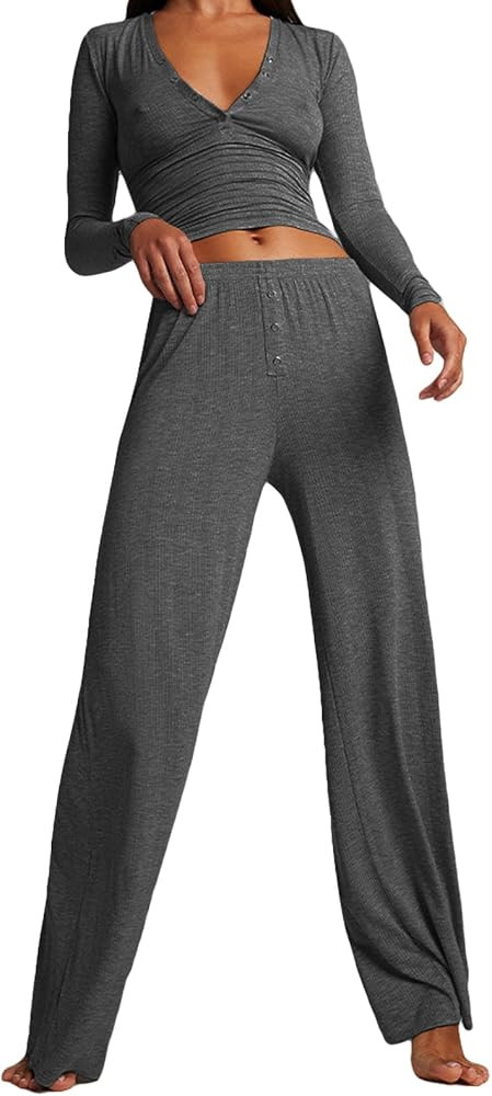 ROAONOCOMO Women Y2K Floral 2 Piece Lounge Set Long Sleeve Button Down Shirt Top Wide Leg Long Pa... | Amazon (US)