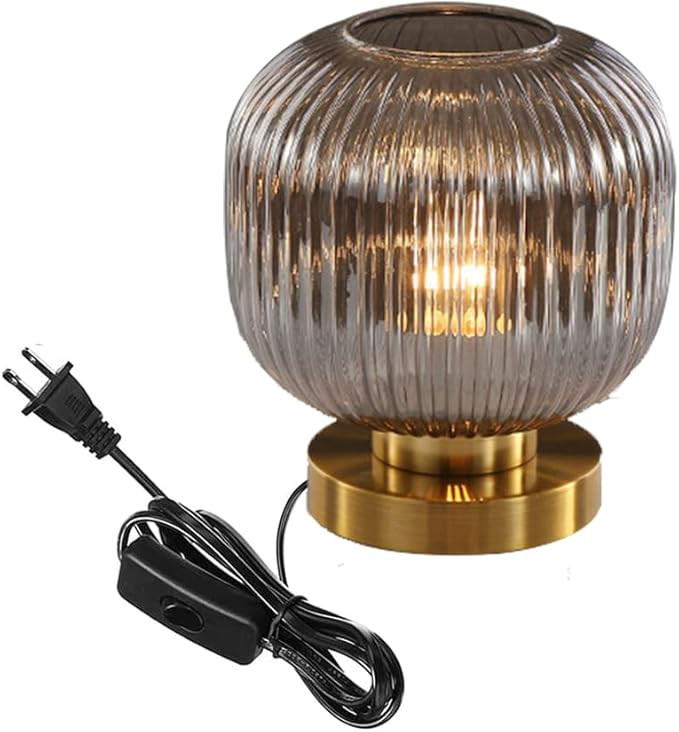 Auwieou mid Century Modern Table lamp Globe Table lamp Smoke Grey Ribbed Glass Shade Gold Desk la... | Amazon (US)