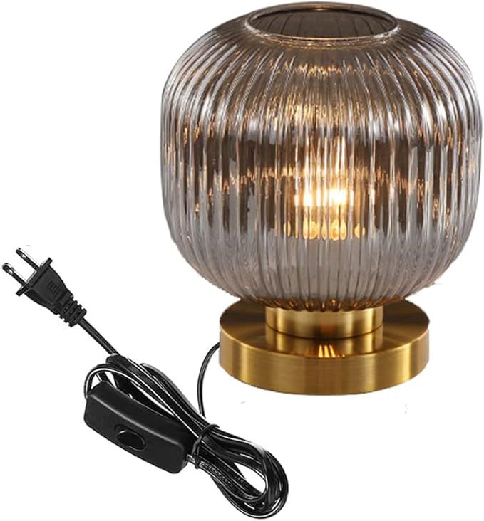 Auwieou mid Century Modern Table lamp Globe Table lamp Smoke Grey Ribbed Glass Shade Gold Desk la... | Amazon (US)