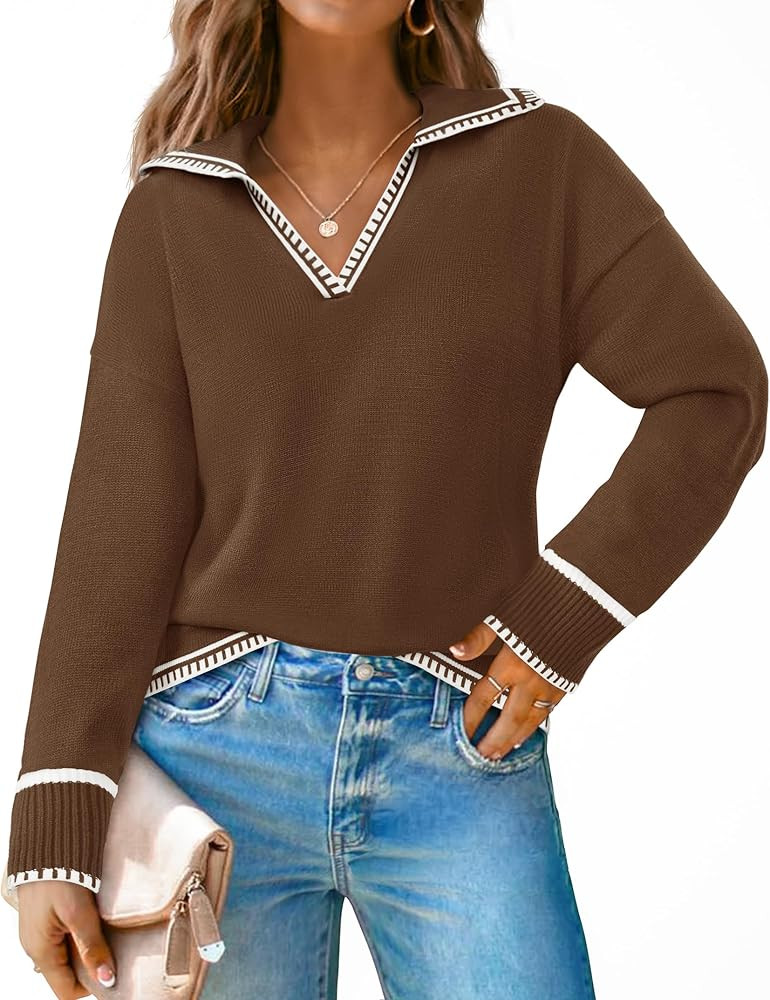 ZESICA Women's V Neck Sweaters 2024 Fall Long Sleeve Oversized Collar Knit Pullover Jumper Tops | Amazon (US)