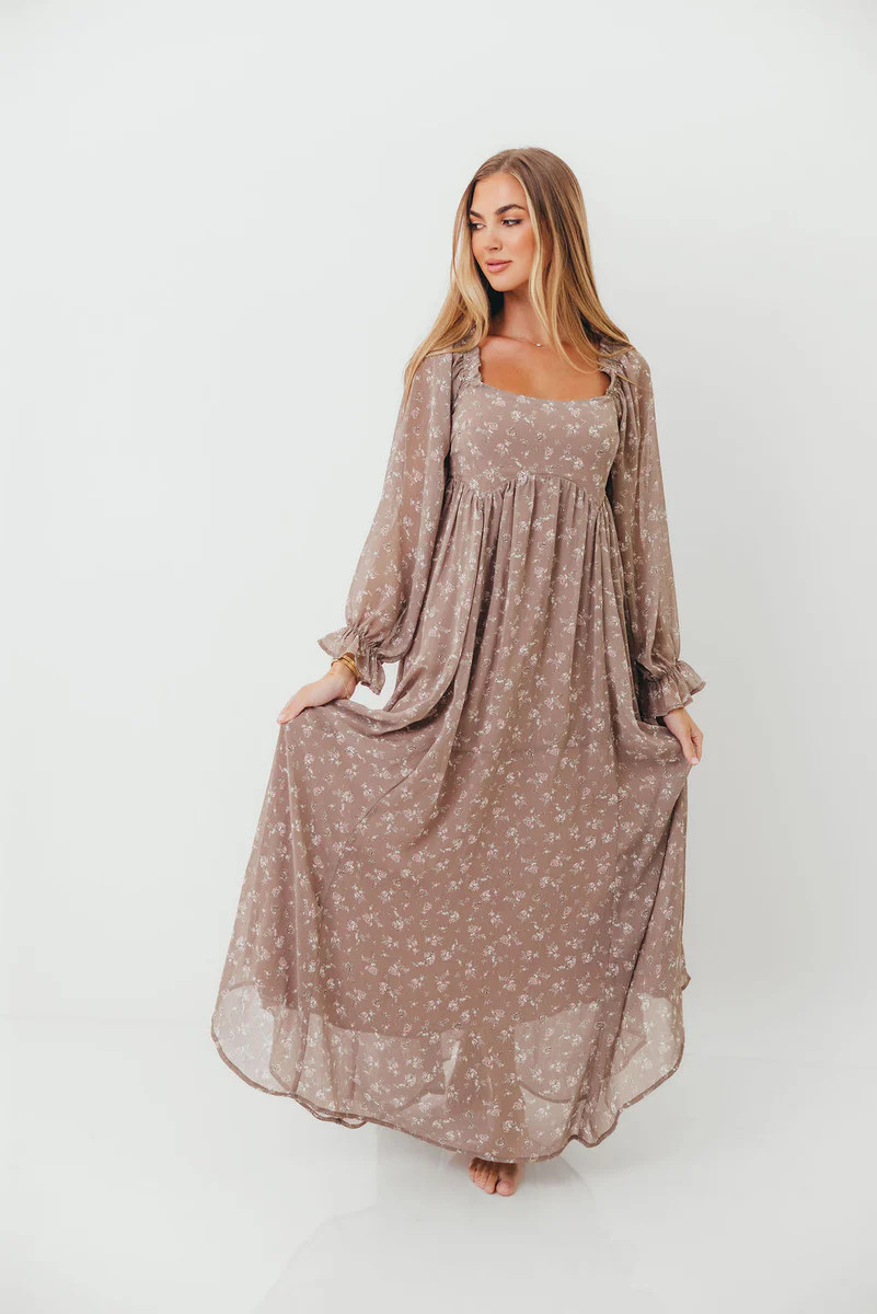 Amy Floral Long Sleeve Maxi Dress in Mocha Multi - Bump Friendly | Worth Collective