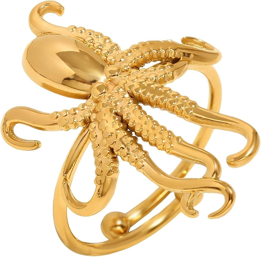 IMINI Sea Octopus Statement Adjustable Ring, 18K Gold Plated Stainless Steel Wrap Open Band - Siz... | Amazon (UK)