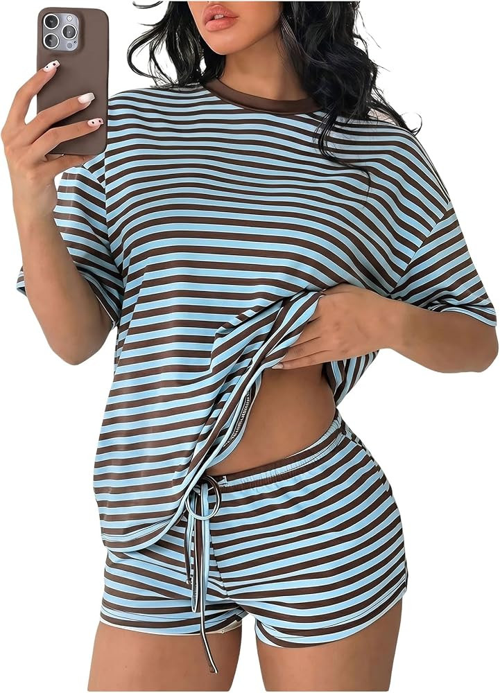 WDIRARA Women's Striped 2 Piece Color Block Outfits Short Sleeve T Shirts Mini Shorts Set | Amazon (US)
