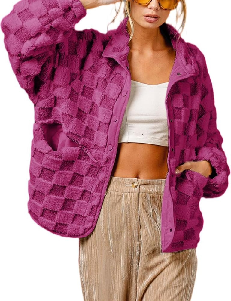 Yidarer Womens Winter Checkerboard Sherpa Fleece Jacket Plaid Fuzzy Button Oversized Outerwear wi... | Amazon (US)