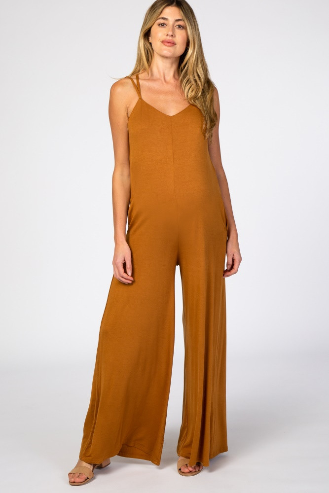 Camel Cross Back Wide Leg Maternity Jumpsuit | PinkBlush Maternity