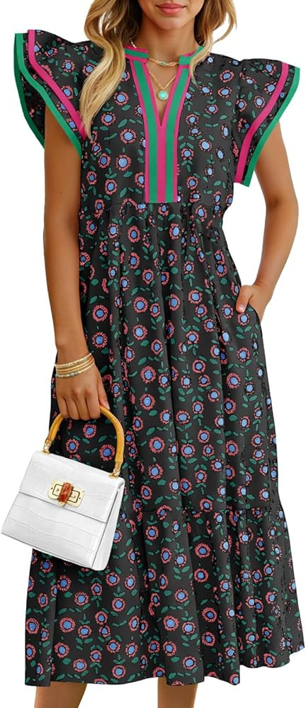 Wenrine Women's Cap Sleeve Midi Dress Summer Floral V Neck Flowy Boho Casual Beach Vacation Dress... | Amazon (US)