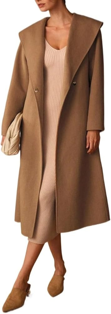 Womens Winter Warm WOOL SOLID COLLAR BELTED OVERCoat Regular Sleeve Long coat | Amazon (US)