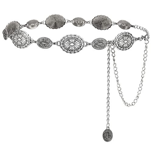 LEACOOLKEY Women Silver Western Concho Chain Belt Boho Metal Western Cowgirl Chain Belt for Dress Adjustable | Amazon (US)