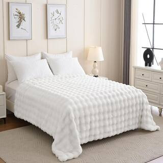ILTB White Faux Fur 90 in. x 90 in. Soft Cozy Fuzzy Throw Blanket for Bed | The Home Depot