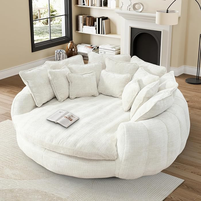 81" Round Sofa Bed, Oversized Chenille Bean Bag Couch, Beige | Amazon (US)