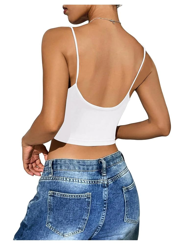 SweatyRocks Women's Basic Spaghetti Strap Scoop Neck Backless Slim Fit Camisole Crop Top | Amazon (US)