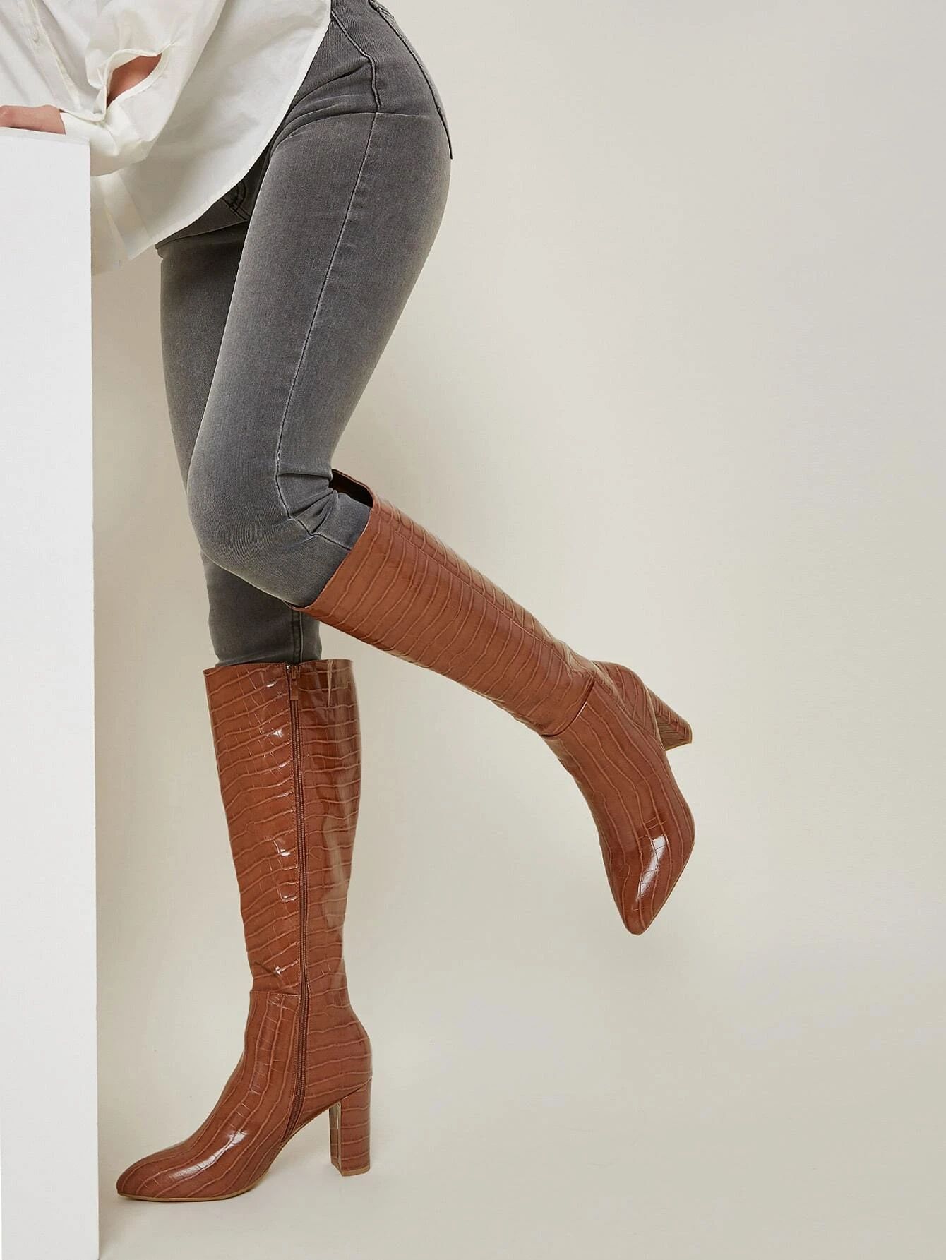 Faux Croc Leather Over-the-Knee Boots | SHEIN