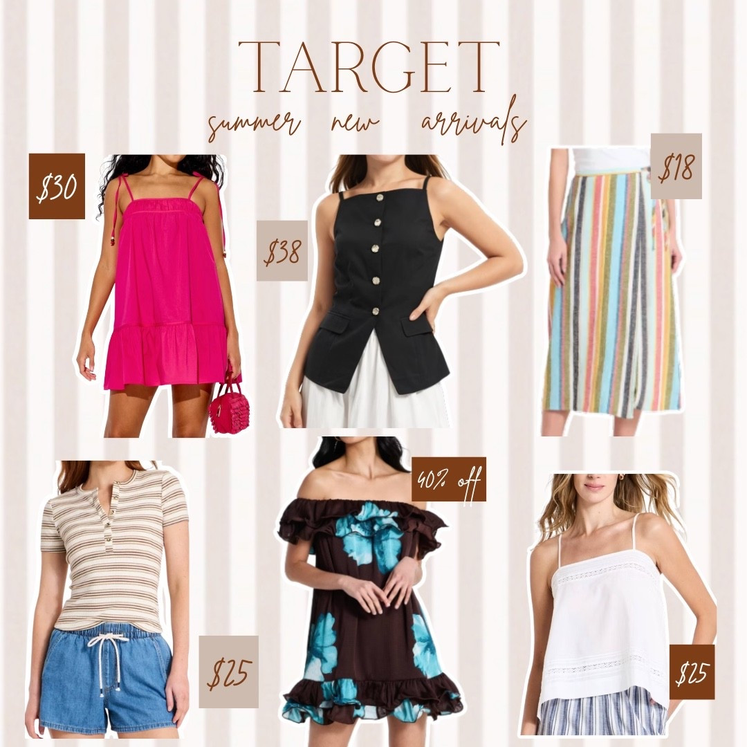 @Target summer new arrivals and the prices are genuinely incredible 🎯☀️ Hot pink tiered mini $30, black button front vest $38, colorful stripe midi skirt $18, neutral stripe ribbed tee $25, floral off shoulder dress 40% off, white lace trim cami $25 — everything is linked right here for you!

#LTKootd #LTKSeasonal #LTKSaleAlert