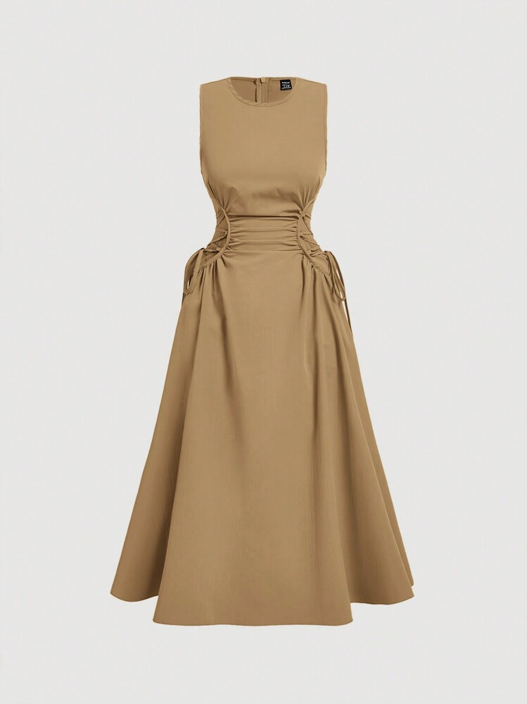 SHEIN MOD Khaki Date Night Side Cross Tie Solid Pleated Dress,Western,Vintage,Back To School,Work | SHEIN
