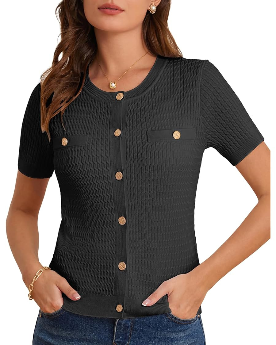 GRACE KARIN 2025 Women's Summer Short Sleeve Cardigan Sweaters Crew Neck Button Down Cropped Swea... | Amazon (US)
