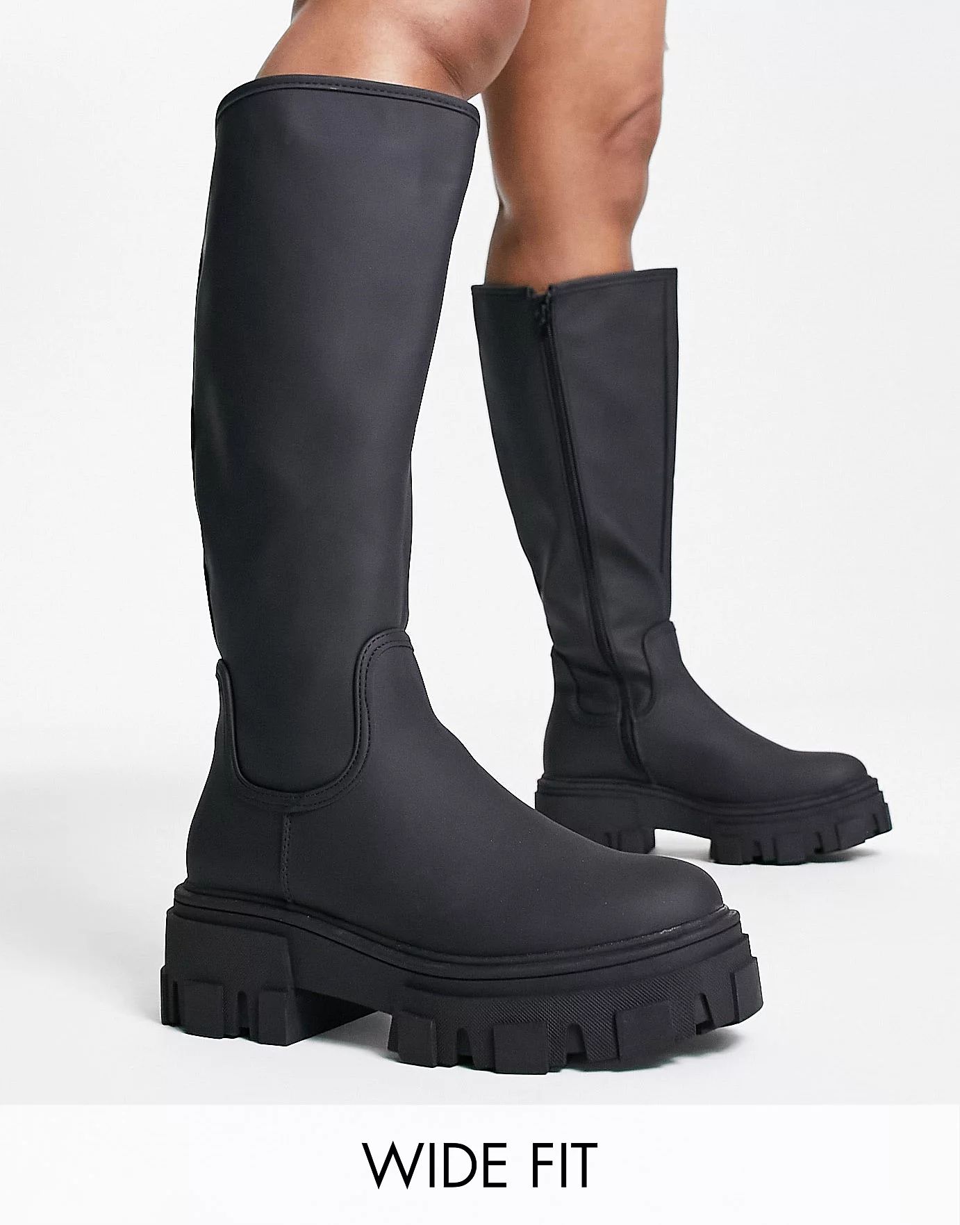 ASOS DESIGN Wide Fit Carla chunky flat knee boots in black | ASOS (Global)