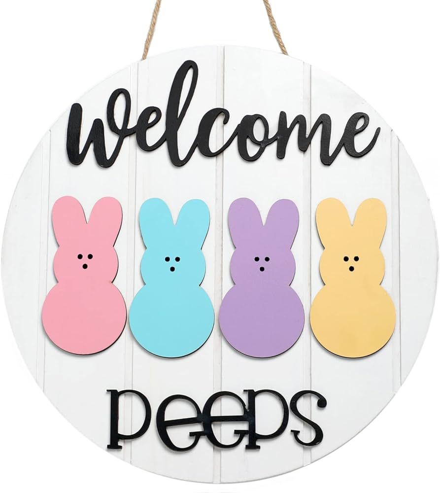 Easter Welcome Peeps Sign, Happy Easter Bunny Rabbit Door Sign, Spring Door hanger, Rustic Wood W... | Amazon (US)