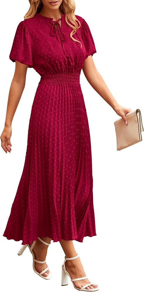 PRETTYGARDEN Womens Summer Midi Dresses Puff Short Sleeve V Neck Swiss Dot Pleated A Line Flowy L... | Amazon (US)