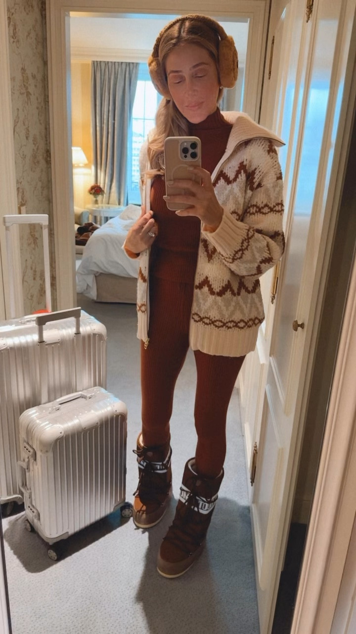 Cozy and comfortable outfit for our  road trip to Courchevel ☃️❄️🏂 
My favorite base set and adorable winter sweater jacket 
Wearing a size small on all 


#LTKStyleTip #LTKTravel #LTKHoliday