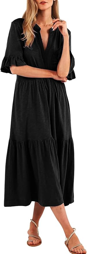 Short Sleeves Maxi Dress for Women A Line Summer Dress V Neck Casual Loose Tiered Long Dresses wi... | Amazon (US)