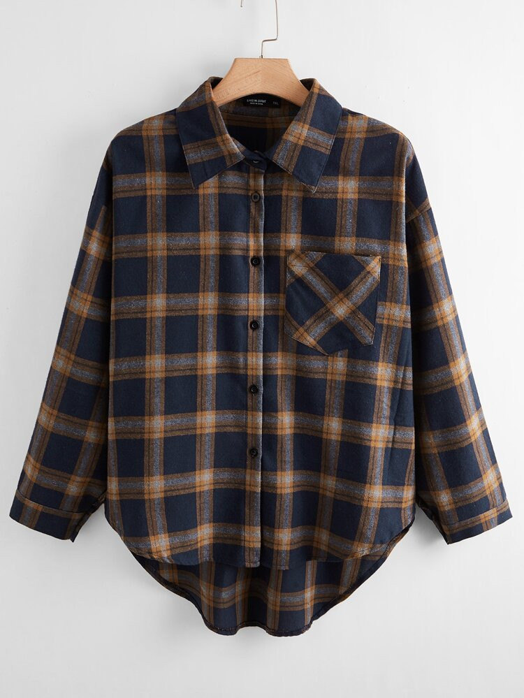 Plus Pocket Front Plaid High Low Shirt | SHEIN