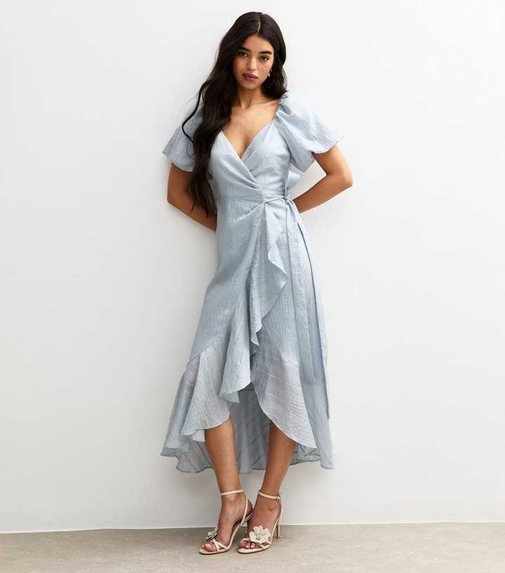 Light Blue Textured Wrap Ruffle Midi Dress | New Look | New Look (UK)