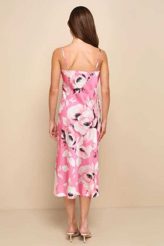 Garden Sweetheart Pink Floral Satin Surplice Ruched Midi Dress | Lulus