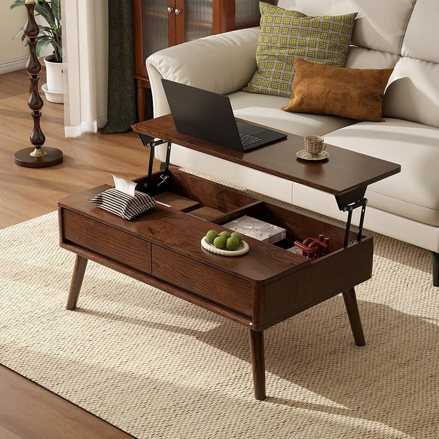 Lift Top Coffee Table, 100% Solid Oak Wood Walnut Coffee Table with Drawers and Hidden Compartmen... | Amazon (US)