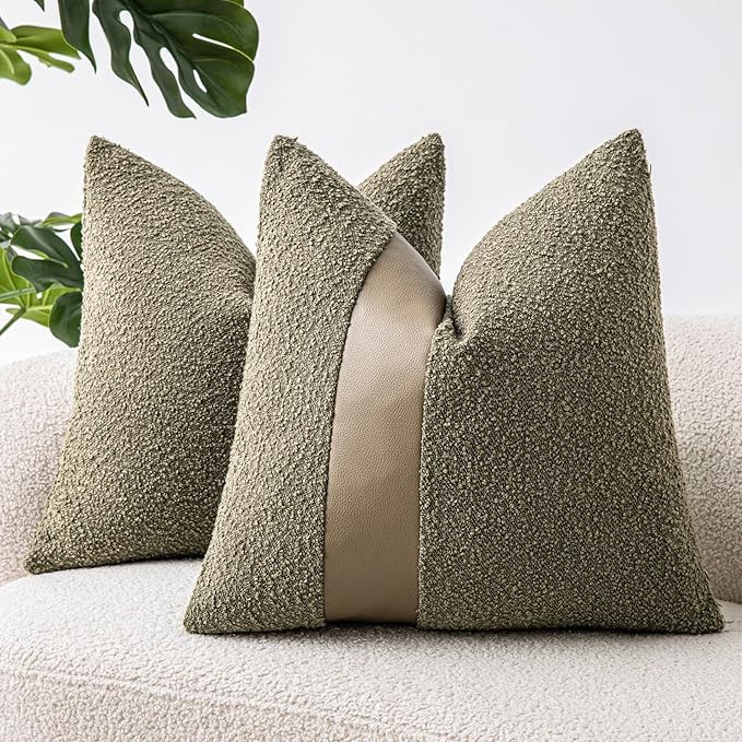 18"x18" Moss Green Boucle Throw Pillow Covers with Faux Leather Accents Set of 2 Fluffy Textured ... | Amazon (US)