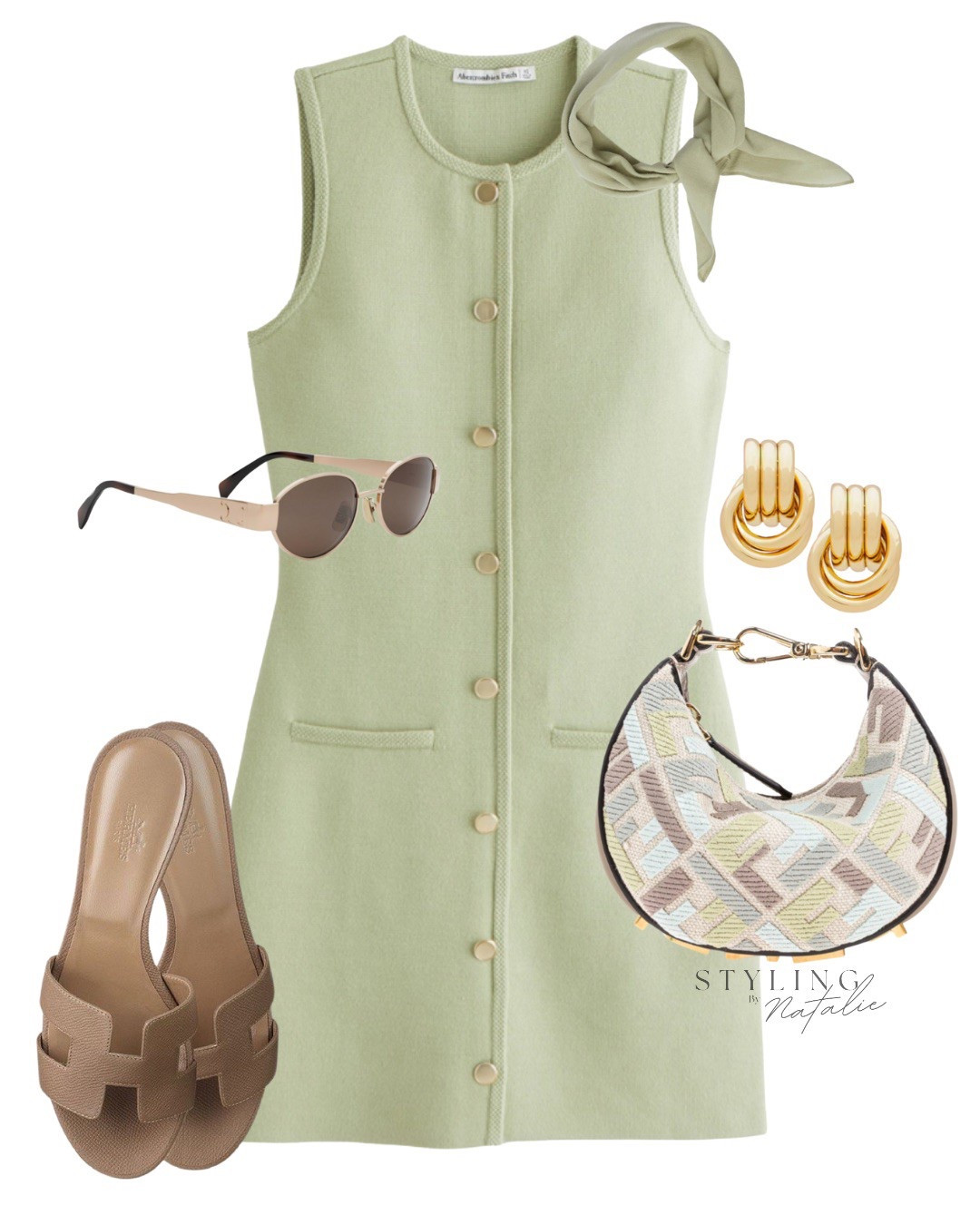 Casual chic summer dress-Green button up sleeveless dress, brown slides, Fendi bag, Celine sunglasses, green foulard and gold earrings.
Work wear, work dress, Abercrombie, classy style, work outfit, summer outfit, Hermes sandals, chic style. 

#LTKworkwear #LTKdresses #LTKsummer