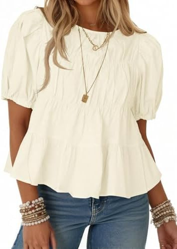 Tankaneo Womens Puff Sleeve Peplum Babydoll Tops Summer Flowy Pleated Cotton T-Shirts Casual Loos... | Amazon (US)