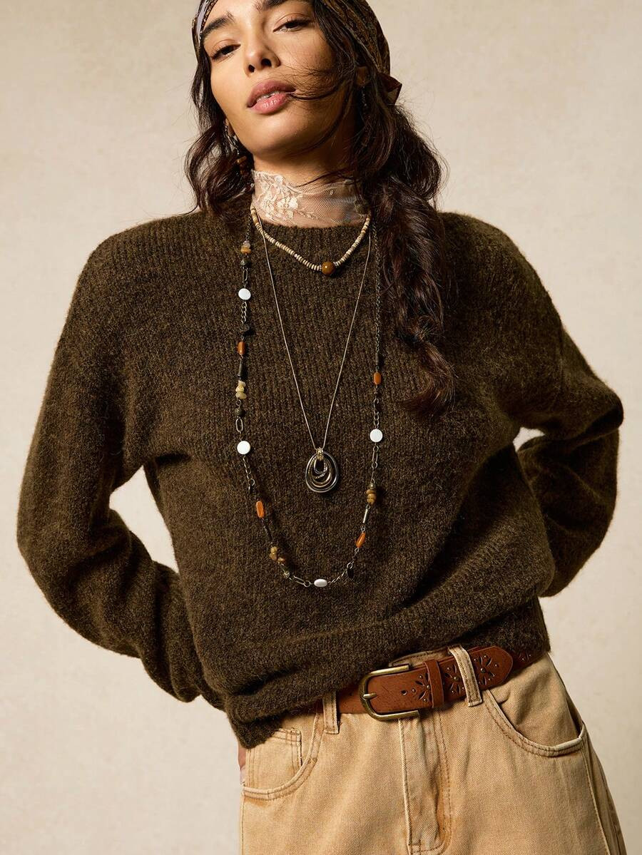 SoleilVie Women's Coffee Brown Round Neck Lantern Sleeve Wool Blend Knit Pullover Sweater | SHEIN