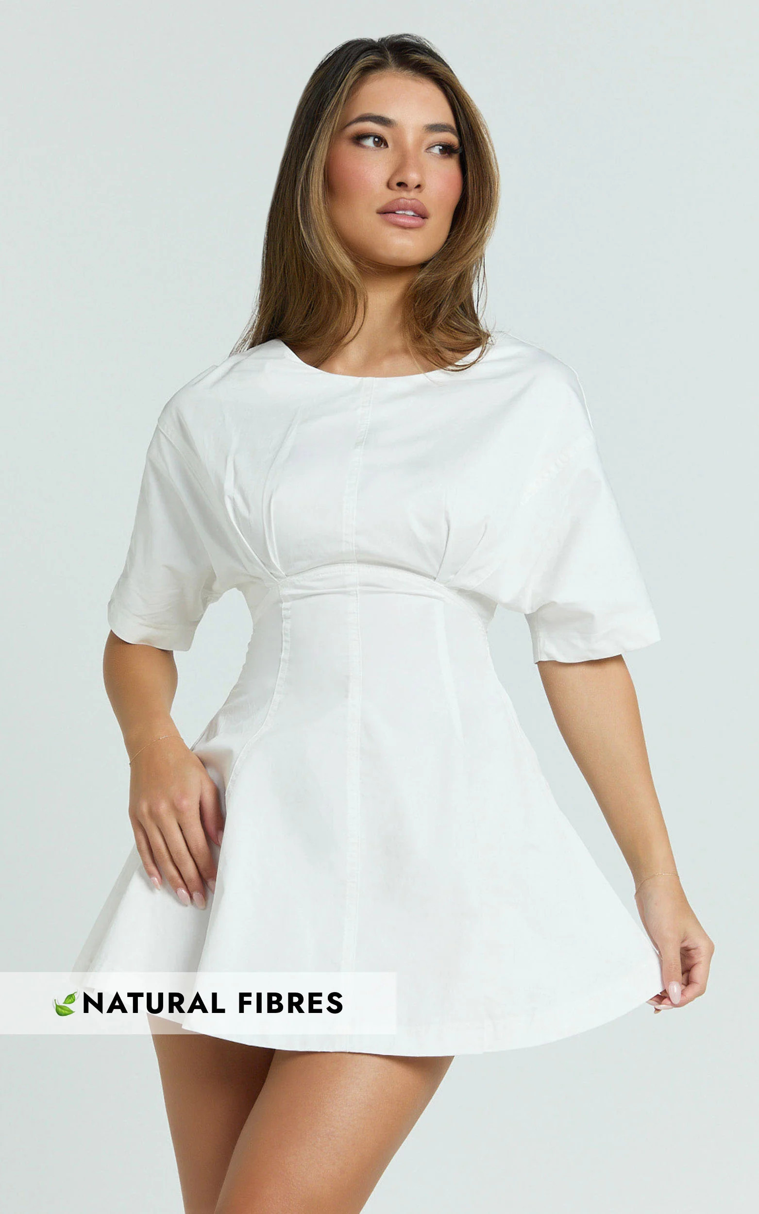 Dylan Mini Dress - High Boatneck Sleeved Fit And Flare Skirt Dress in White | Showpo (US, UK & Europe)