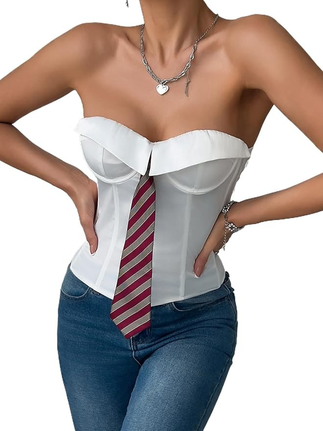 Women's Sexy Business Office-Chic Strapless Corset Top with Tie Accent Cute Casual Bustier Going ... | Amazon (US)