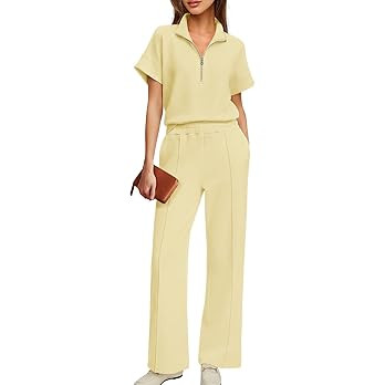 ReachMe Womens 2 Piece Lounge Set Airport Travel Outfit Short Sleeve Half Zip Wide Leg Pants Summ... | Amazon (US)