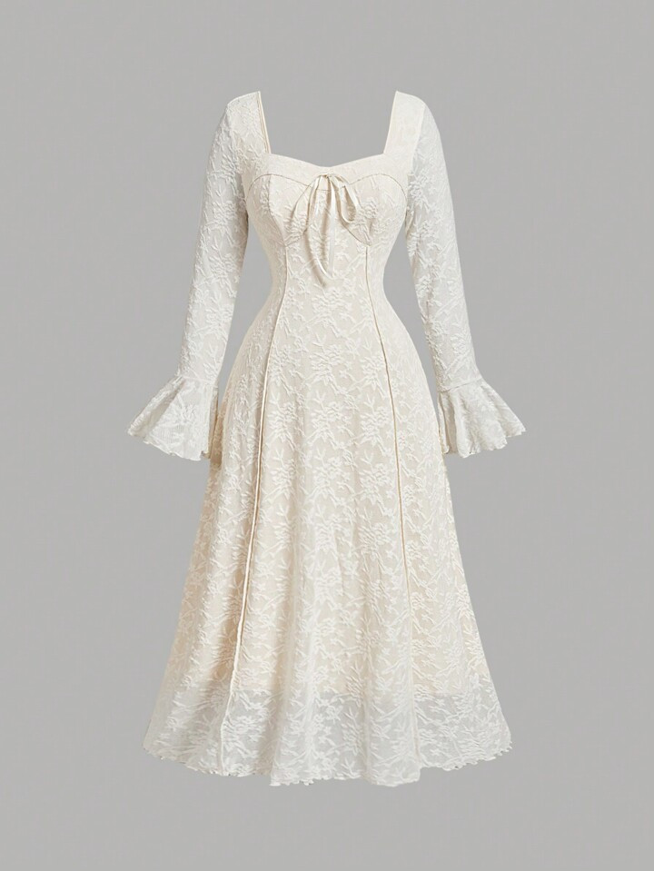 SHEIN MOD Plus Size Women Cream Color Elegant Romantic Lace Long Sleeve Dress, Suitable For Party, Prom, Holiday Wear,Corset Dress | SHEIN