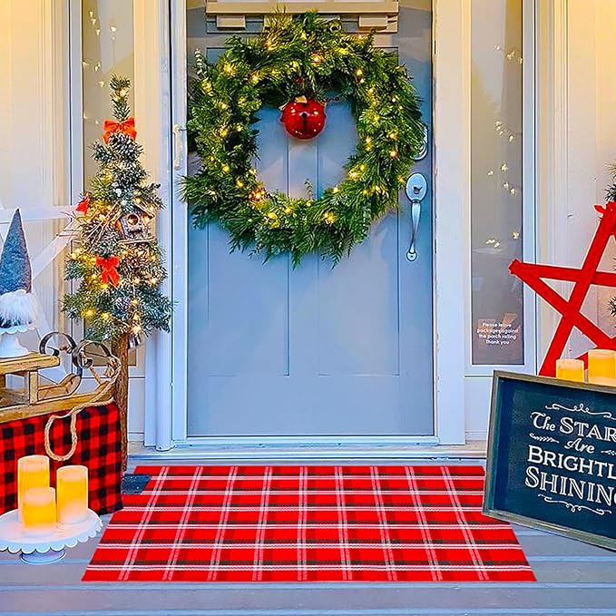 Ckorzen Red Green and White Plaid Rug, 28" x 43" Christmas Front Porch Outdoor Rug, Handwoven Cot... | Amazon (US)