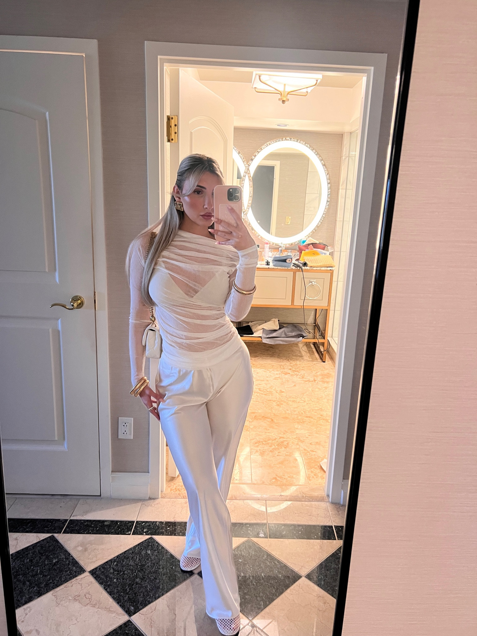 White day outfit, silk pants, tony bianco, reformation, revolve, silk bralette 