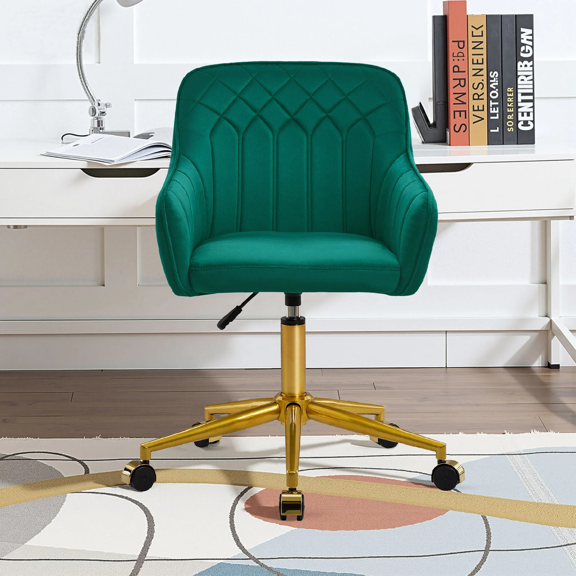 Vecelo Velvet Office Chair with Wheels Adjustable Swivel Vanity Chair Green Desk Chair with Backrest | LOE-CC15-GRN | Lowe's