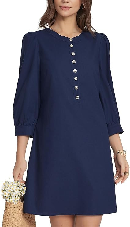 Kedera Women's Summer Mini Shift Dress Button Up Crew Neck 3/4 Puff Sleeve Elegant Casual Busines... | Amazon (US)