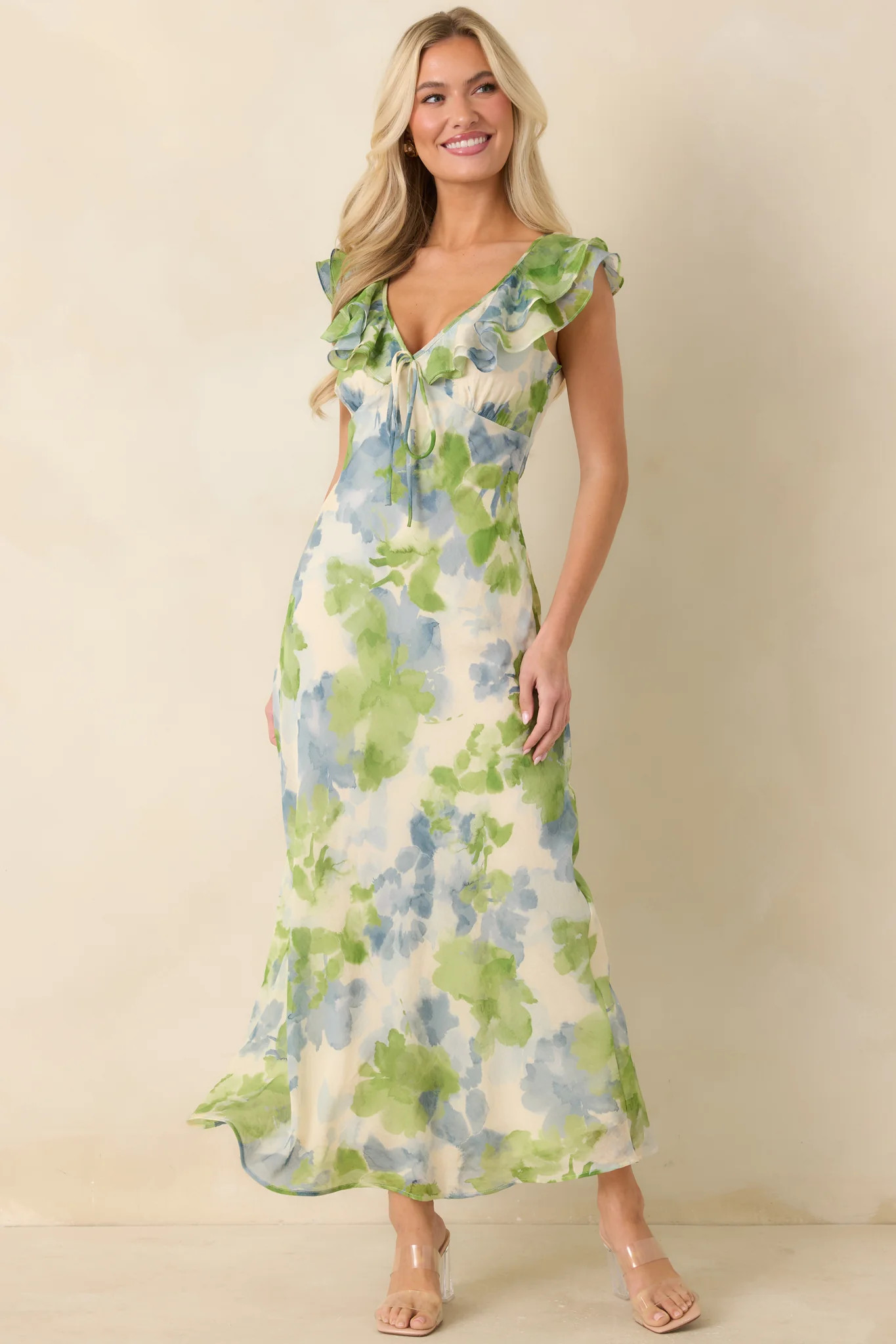 MINKPINK Carrie Blue & Green Watercolor Floral Ruffled Midi Dress | Red Dress