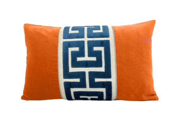 Orange Velvet Pillow Cover With Large Greek Key  Shown With - Etsy | Etsy (US)