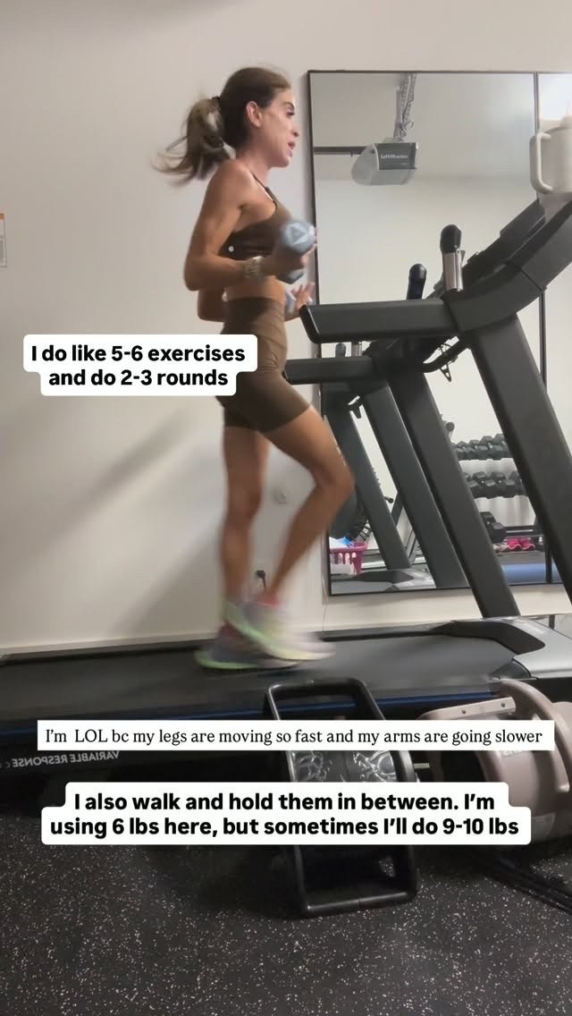 I do like 5-6 exercises and do 2-3 rounds I also walk and hold them in between. I’m using 6 lbs here, but sometimes I’ll do 9-10 lbs  I’m  LOL bc my legs are moving so fast and my arms are going slower