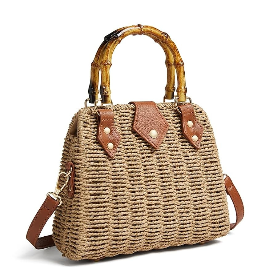 Woven Straw Handbag with Bamboo Handle, Brown Leather Trim, Crossbody Strap, Natural | Amazon (US)